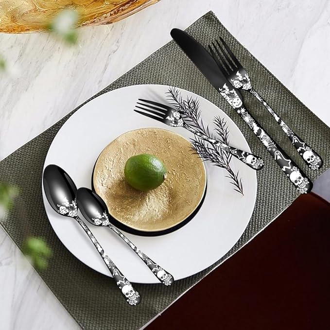 XIAOYU 40-Piece Halloween Themed Skeleton Silverware Set, Metal Flatware Set Serving for 8, Gothic Unique Skeleton Pattern Design, Durable Cutlery Set for Halloween Easter Christmas, Gold