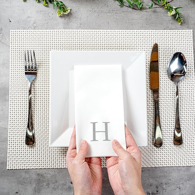Luxenap 15.8 X 7.9 Inch Linen-Feel Guest Towels, 2000 Lettered Hand Towels - Silver Letter 'H', Sans Serif Font, White Paper Dinner Napkins, airlaid, For Restrooms And Tables - Restaurantware