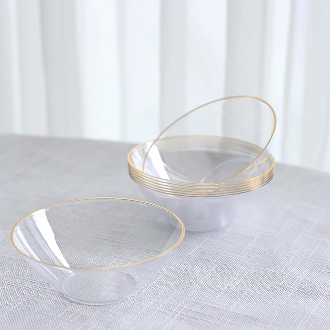 Efavormart 24 Pack Clear Heavy Duty Plastic Dessert Bowls with Gold Rim, Premium Disposable Ice Cream Party Bowls - 7oz