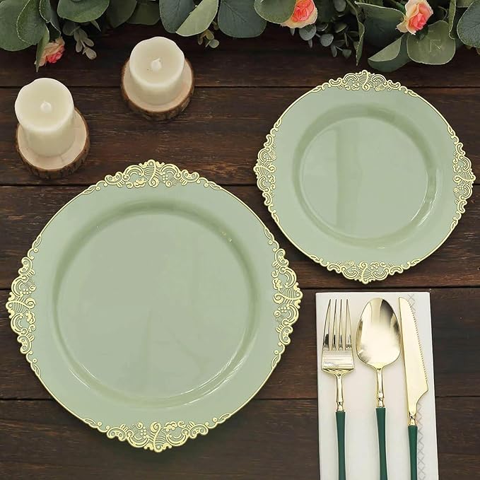 8" Salad Plates -Set of 20 - Plastic Sage Green Round Baroque Disposable Chargers Leaf Embossed Rim, Ideal for Dinner Party Wedding Bulk Events