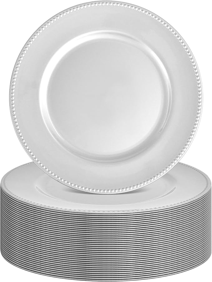 36 Pcs Silver Charger Plates Round Charger Plates13 Inch Bulk Wedding Dinner Elegant Reusable Plastic Chargers Plates Wedding Holiday Party Baby Shower Event Decoration (Silver)