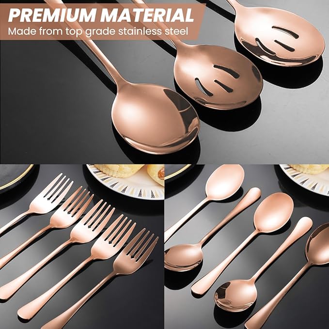 Silverware Sets, Includes 2 Serving Spoon,2 Slotted Serving Spoon, 2 Serving Fork, Stainless Steel Serving Spoons for Parties,Buffet Serving Utensils Set (Rose Gold)