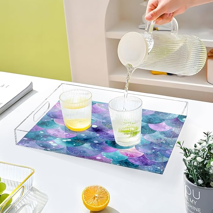 Serving Tray with Handles Clear Acrylic Tray 12x16 Inch Decorative Rectangular Tray Organizer for Ottoman Coffee Table Bathroom Watercolor Mermaid Scales Dots Purple