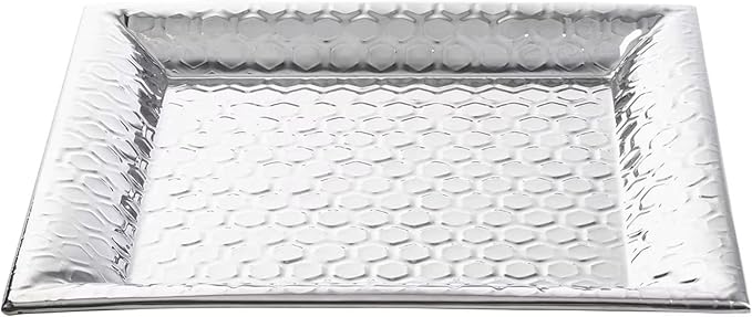 TableCraft 12843 Hive Collection Square Serving Tray, Stainless Steel with Mirror Honeycomb Pattern, Flat Display Tray for Catering & Buffet Service, 14 x 14 x 1 Inches