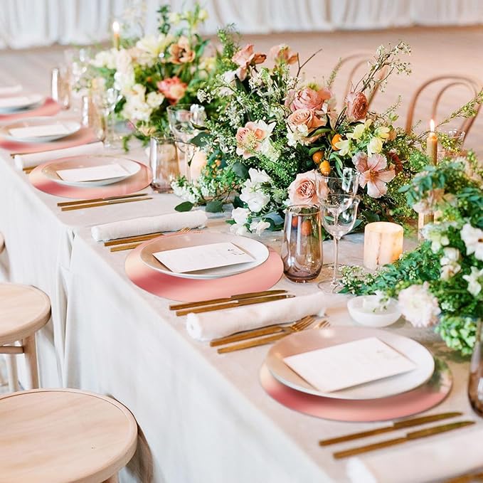 KesaPlan 50PCS Round Rose Gold Placemats, 13" Disposable Paper Placemats for Dining Table, Mirrored Rose Gold Charger Place Mat for Kitchen Banquet Table Setting Wedding Birthday Dinner Party Decor