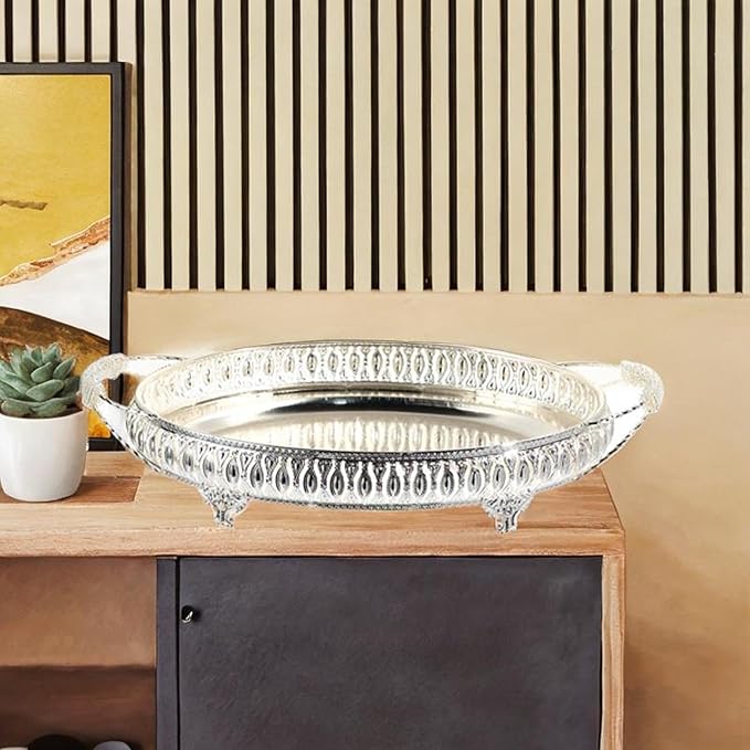 B Baosity Fruit Plate Tray Lightweight Luxury Serving Tray for Home Kitchen Countertop, 48cmx31cmx8cm, Silver