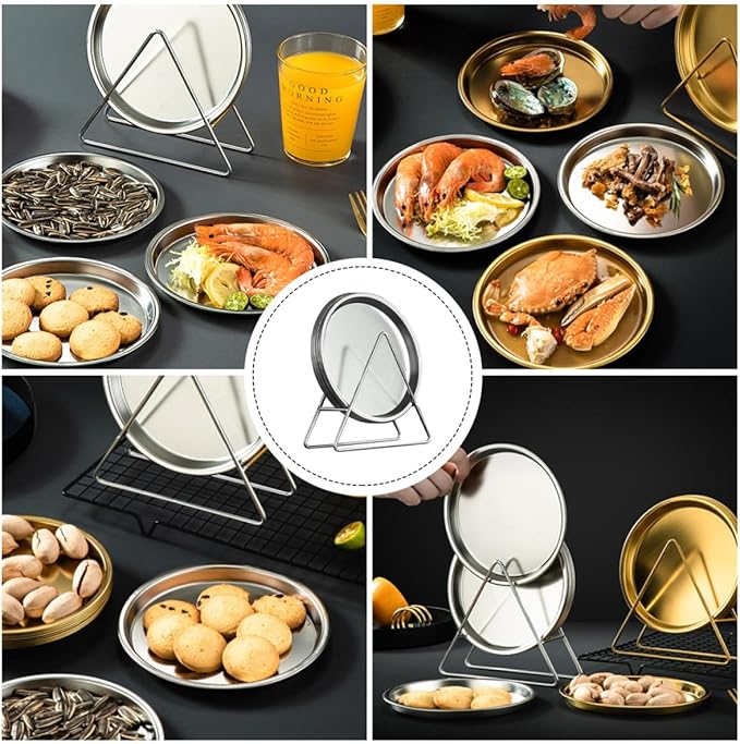 Wakauto Stainless Steel Pastry Serving Tray and Roast Meat Food Plate Set with Storage Rack, Modern Silver, 6pcs Snack Dish Collection for Restaurant and Home Use