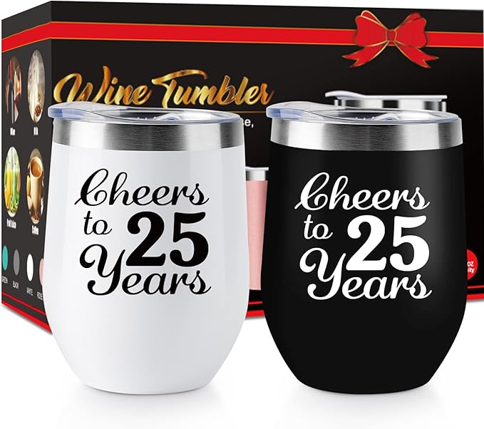 25th Anniversary Wedding Gifts for Couple Gifts for Silver Anniversary Twenty Five Years Anniversary Decorations 2 Pack Wine Tumbler 12 OZ