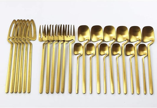 Service for 6 Golden Dinnerware Set 304 Stainless steel Cutlery, Matte Forks Spoons Knives Flatware Set Dinner Silverware Set (24pcs Golden)