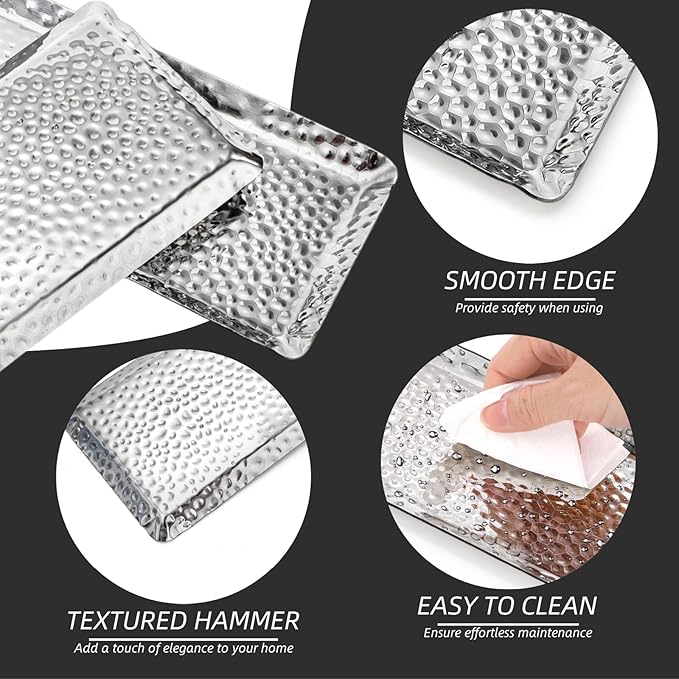 4 Pieces Hammered Silver Tray, Small Stainless Steel Appetizer Platter, 9.8 Inch Decorative Jewelry Dish Vanity Organizer for BBQ, Towel, Candle, Perfume, Cosmetic