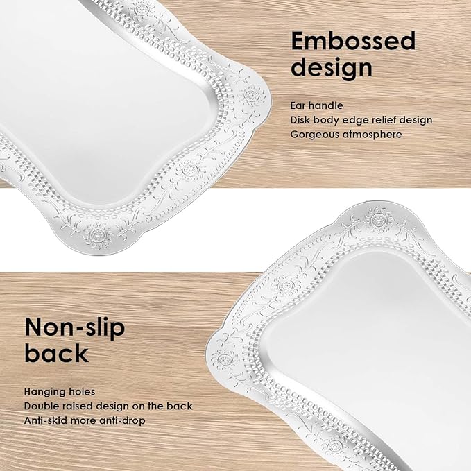 10 Pcs Plastic Serving Trays Rectangle Platters for Dessert Display Tray for Decoration Embossed Serving Platter Dish for Parties, Weddings, Engagements, Birthdays (13" x 9",Silver)