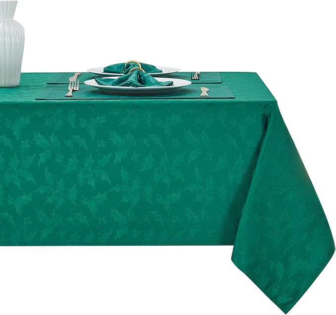 Rectangle Christmas Jacquard Table Cloth Waterproof Elegant Damask Floral Pattern Heavy Weight Wipeable Wrinkle Free Fabric Table Covers for Dinner or Daily Uses(Dark Green/60x84Inch)