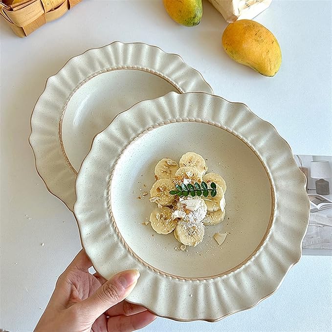 Ceramic cutlery Ceramic Lace Dining Plate Home Dinner Deep Plate Restaurant Cafe Dessert Plate Salad Disc Solid Color Flat Plate Simple Ceramic Disc Home dining plate (Color : Beige)