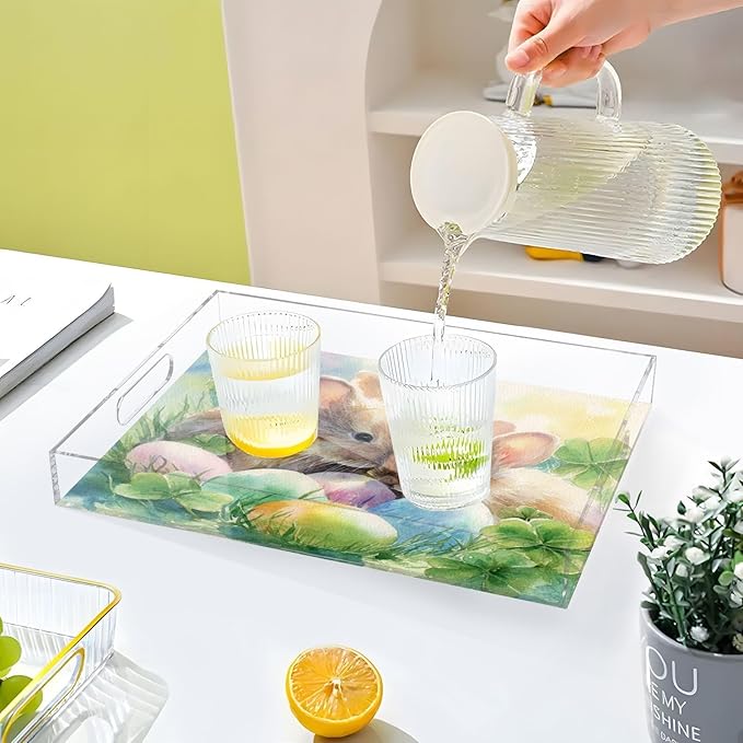 Serving Tray with Handles Clear Acrylic Tray 12x16 Inch Decorative Rectangular Tray Organizer for Ottoman Coffee Table Bathroom Watercolor Easter Bunny Clover