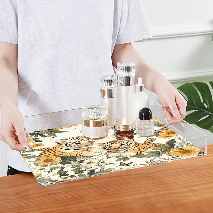 Serving Tray with Handles Clear Acrylic Tray 12x16 Inch Decorative Rectangular Tray Organizer for Ottoman Coffee Table Bathroom Cute Tigers Flowers Beige