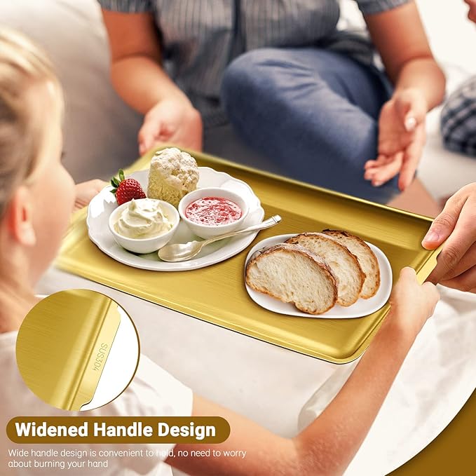 2Pcs Stainless Steel Serving Tray, 15.7 x 9.4In Rectangle Gold Serving Platter with Handle, Decorative Coffee Table Plate, Ottoman Dish for Party Eating Kitchen Food Dessert BBQ (2Pcs)