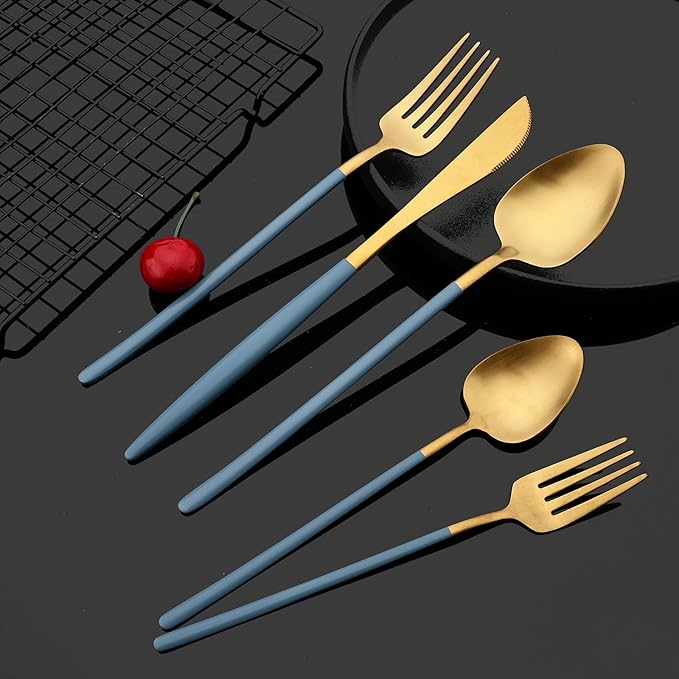 JASHII Matte Blue and Gold Silverware Set, 304 Stainless Steel Flatware Set Service for 4, Tableware Cutlery Set for Home Restaurant Party, Dinner Forks/Spoons/Knives, Slim Handle, Dishwasher Safe