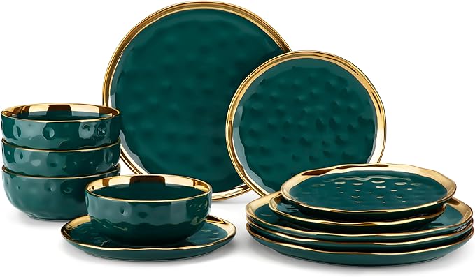 LOVECASA 12 Pieces Plates and Bowls Sets, Porcelain Green and Gold Dinnerware Sets, Round Dinner Plates Dishes Set Service for 4, Dishwasher Safe and Scratch Resistant, Green