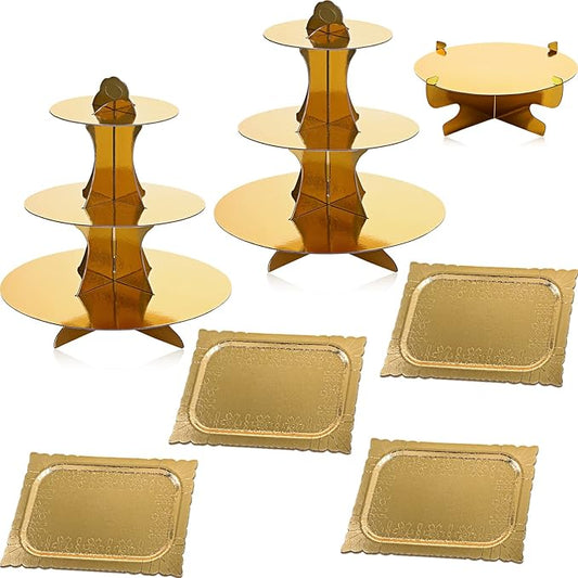 Zopeal 7 Pcs Dessert Table Display Set 3-Tier Cupcake Stand 1-Tier Cup Cake Display Tower Platters and Serving Trays Cardboard Cake Cookie Holders for Wedding Birthday Party Baby Shower(Gold)