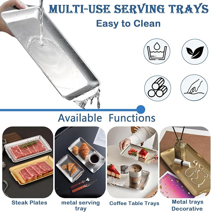 304 Stainless Steel Serving Tray, 12.7" Rectangle Silver Platter, Metal Serving Tray with Handles, Decorative Organizer Trays for BBQ,Party,Buffet,Coffee, Appetizer