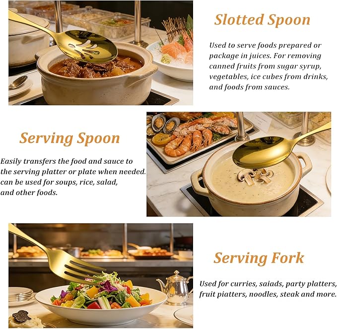 Serving Utensils, CITESANA 5-Piece Gold Stainless Steel Silverware Serving Set Mirror Polished Hostess Flatware for Buffet Kitchen Dishwasher Safe