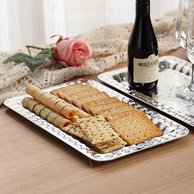 4-Pack Silver Serving Trays Set - ZENOVLUX Swirl Floral Engraved Mirror Decorative Tray, 13.8" x 8.7" Party Platters for Whiskey, Cookies, Charcuterie, Snacks, Desserts, Fruit, Party Food Display