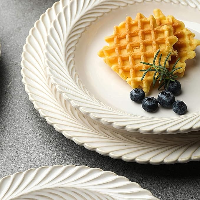 Ceramics Dinner Sets, 25 Pieces White Glaze Porcelain Dinnerware Set for Wedding Gifts | Retro Relief Cereal Bowl and Steak Plate Set