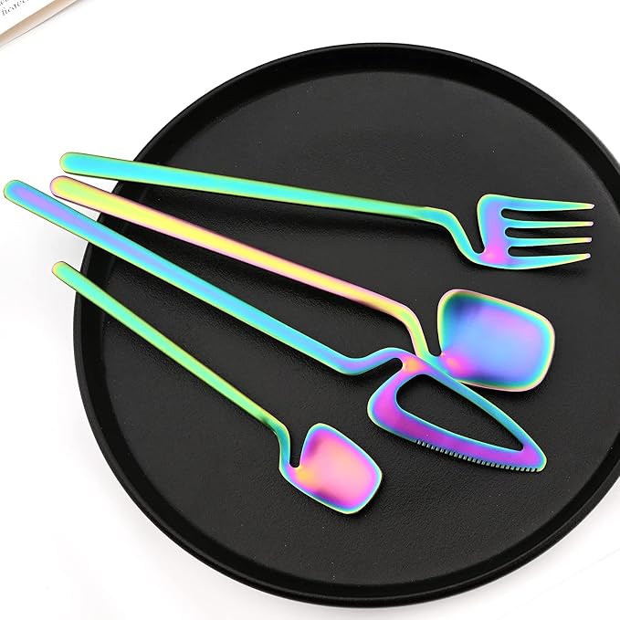 24-Pieces Hangable & Cute 18/10 Stainless Steel Flatware Set, Matte Cutlery Set Kitchen Dinnerware Include Knife/Fork/Spoon/Teaspoon Service for 6, Rainbow