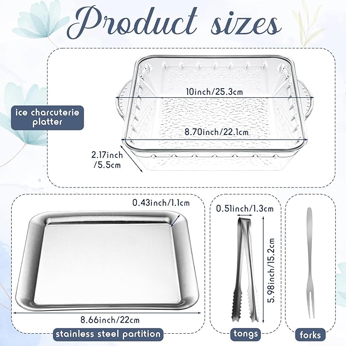 Baderke 9" Chilled Serving Tray for Christmas Parties Ice Chilled Party Platter Charcuterie Serving Board Cold Dish Dip with Forks Tongs for Fruit Seafood Vegetable Appetizer(Silver,4 Set)