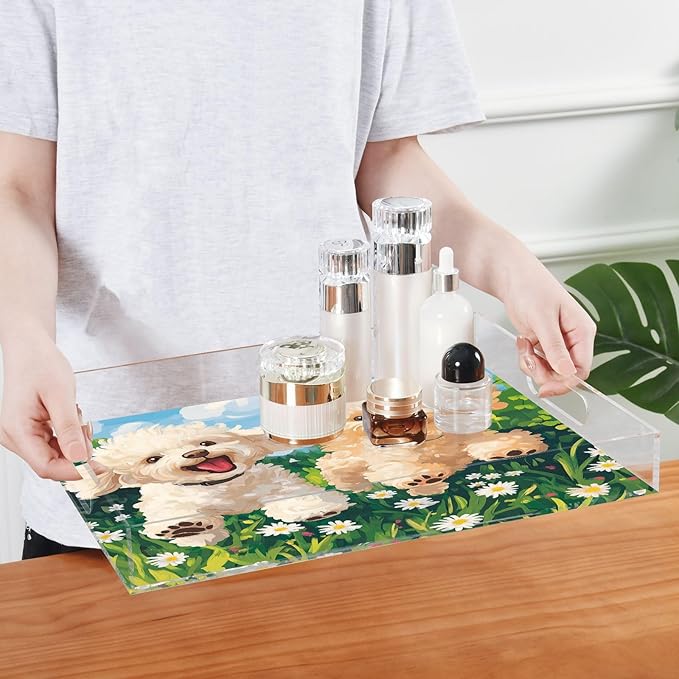 Serving Tray with Handles Clear Acrylic Tray 12x16 Inch Decorative Rectangular Tray Organizer for Ottoman Coffee Table Bathroom Spring Running Poodle Dogs