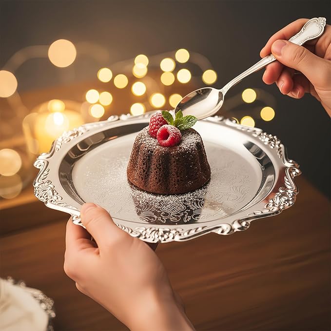 4 Pcs Silver Serving Trays - 7.9in Round Vintage Floral Engraved Metal Trays, Decorative Platters for Whiskey, Charcuterie, Cookies, Snacks & Party Food Display