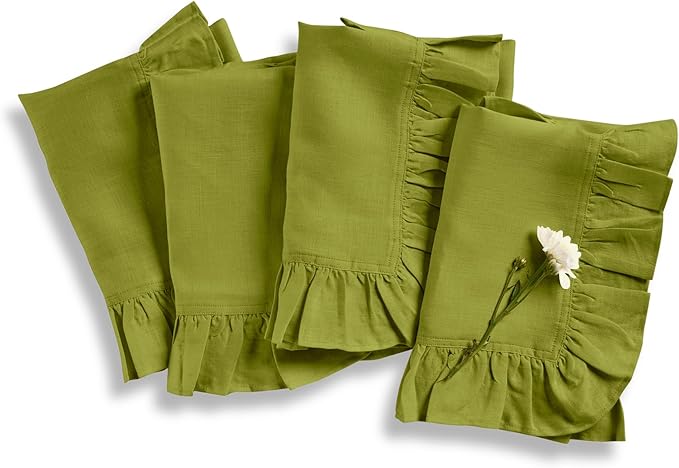 Solino Home Linen Ruffle Napkins Set of 4-100% Pure Linen Avocado Green Dinner Napkins Cloth 20 x 20 Inch - Gabrielle Ruffle, Handcrafted and Machine Washable