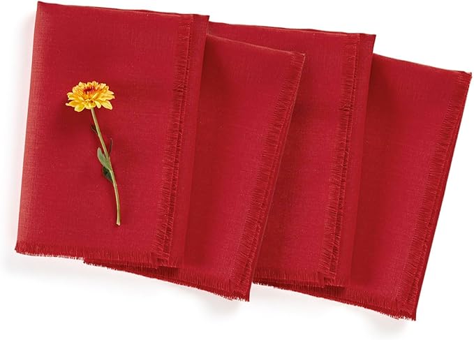 Solino Home Cherry Red Linen Napkins Set of 4-100% Pure Linen Fringe Dinner Napkins 20 x 20 Inch for Christmas, New Year