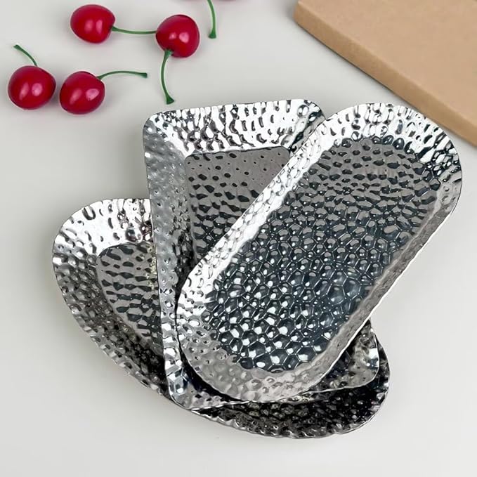 Mini Serving Platter Stainless Steel Serving Tray Hammered Oval 6.9 x 3.1 Inch Small Dessert Plates Coffee Table Tray Decorative Plates for Kitchen Party Silver
