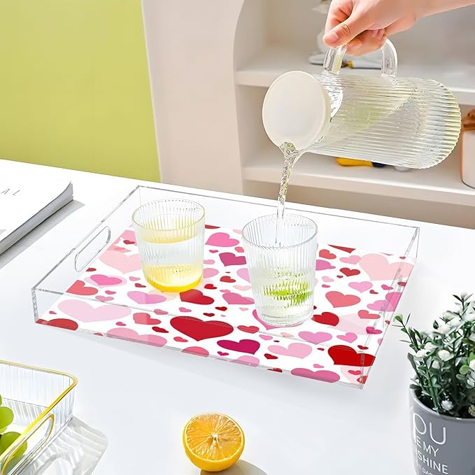 Serving Tray with Handles Clear Acrylic Tray 12x16 Inch Decorative Rectangular Tray Organizer for Ottoman Coffee Table Bathroom White Pink Love Valentine