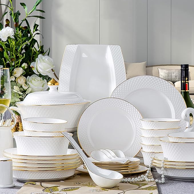 Milky White Porcelain Tableware Set Home Simplicity Combination Tableware Set of Bowls Dessert Plates Soup Plates Dinner Plates 60 Piece Set