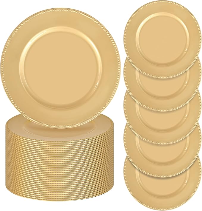 fani 50 Pcs Gold Charger Plates Bulk, 13'' Round Beaded Dinner Charger Plates, Plastic Reusable Vintage Table Decoration for Wedding, Party, Reception, Event, Holiday Supplies