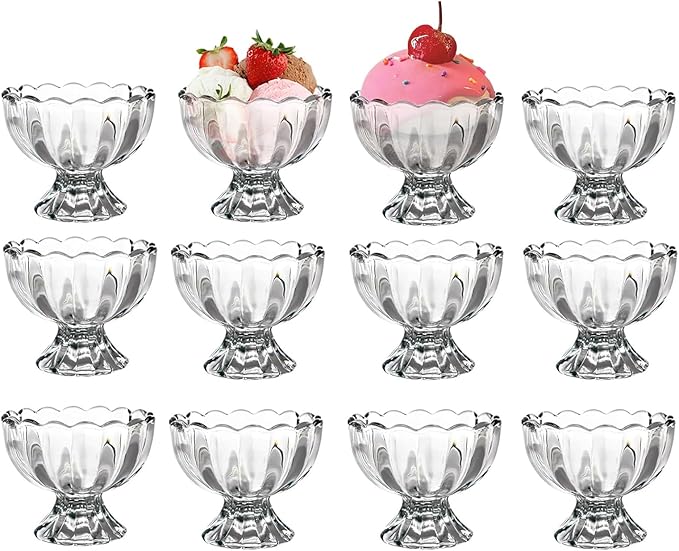 Vintage Glass Dessert Bowls, Ice Cream cups, 5oz Dessert cups, for Sundae, Fruit, Ice Cream, Pudding, small snacks,Condiment (12)