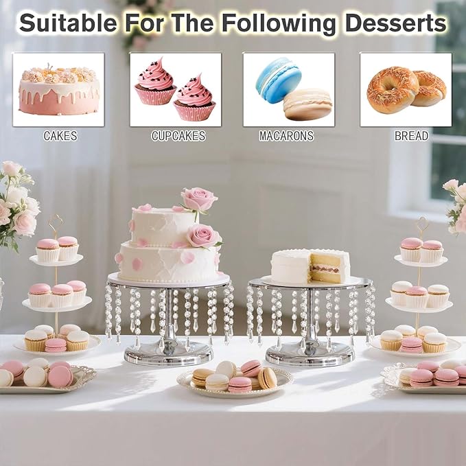2 Pcs Silver Metal Mirror Cake Stand Set with Crystal Pendants - 11.8"W Elegant Dessert Table Display for Weddings, Birthday Parties, Baby Showers, Events - Sturdy Crystal Bling Cupcake Stands for Pastries, Sweets, Decorations