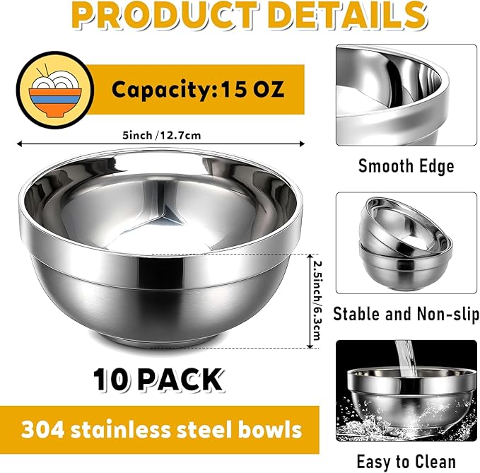 Giantree 10 Pack Stainless Steel Bowls 5 Inch Snacks Bowl, 15 Oz Soup Bowl Salad Bowls Lightweight Kids Bowls Double-walled Metal Serving Dishes for Sauces, Rice, Noodle, Ice Cream
