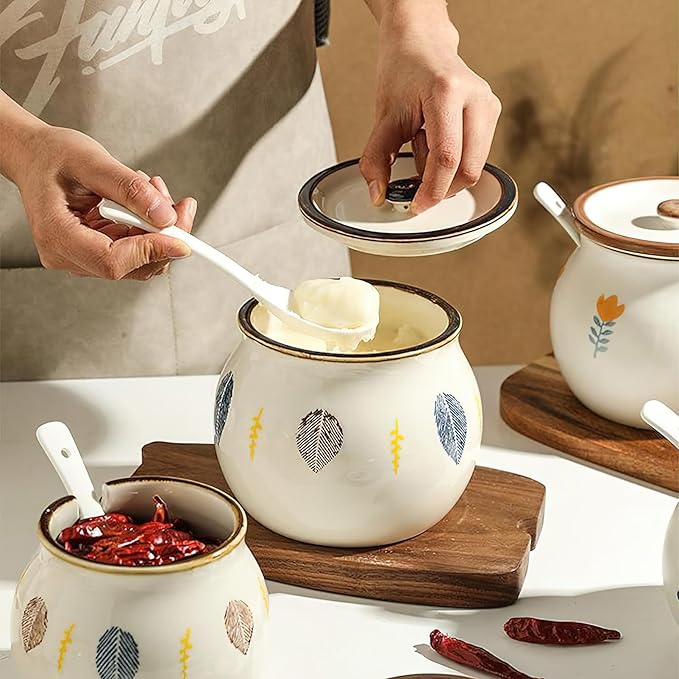 Ceramic Salt and Sugar Bowl, Porcelain Condiment Jars with Lid and Spoon, Seasoning Spice Pot Bowl, Salt Sugar Pepper Storage Jar, 600ml, Leaves