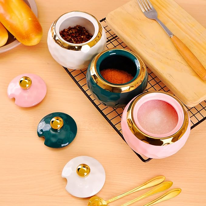 WHJY Ceramic Sugar Bowl with Lid and Spoon, Golf Design Porcelain Salt Bowl Salt Container, Modern Spice Box Seasoning Jar for Home and Kitchen Coffee Bar - Pink