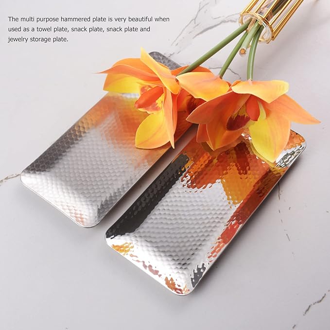 Hammered Trays, 25x11cm/9.8x4.3in Towel Hammered Trays Serving Tray Stainless Steel Multi Purpose Dishwasher Safe Dessert Tray Plate for Home Restaurant Silver (Silver)