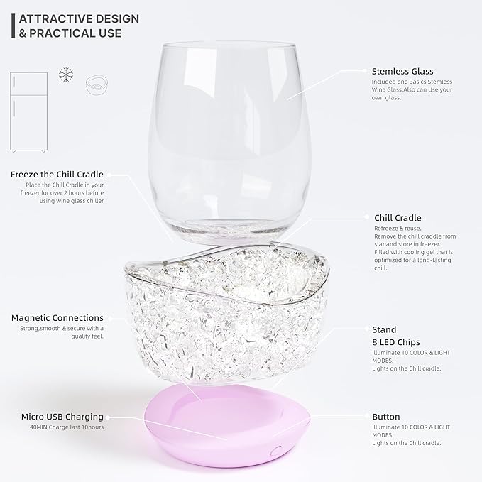 Wine Chiller for Glass Stemless Wine Glass Chiller Keeps Your Glasses of Vino Cold 10 Color Light Modes Separable Wine Essentials Accessories (Rose Pink)