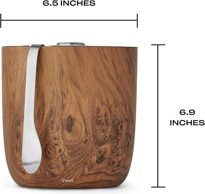 S’well Stainless Steel Ice Bucket with Tongs, 68oz Capacity, Teakwood Finish, Triple-Layer Vacuum Insulated to Keep Ice Colder Longer, BPA-Free Barware