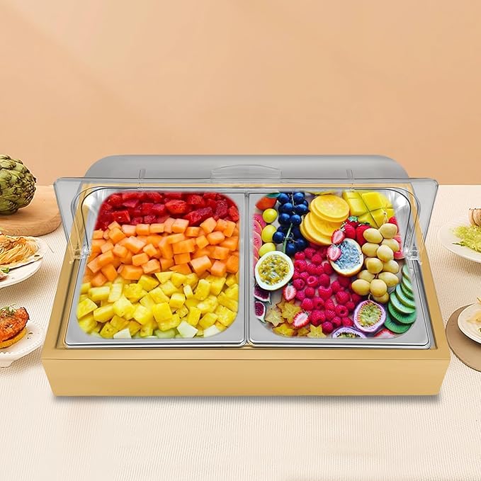 Gold Countertop Food Serving Display Container, 0.79Gal Stainless Steel Catering Supplies Buffet Display, Salad Fruit Trays Restaurant Containers with Lids (2 Pan)