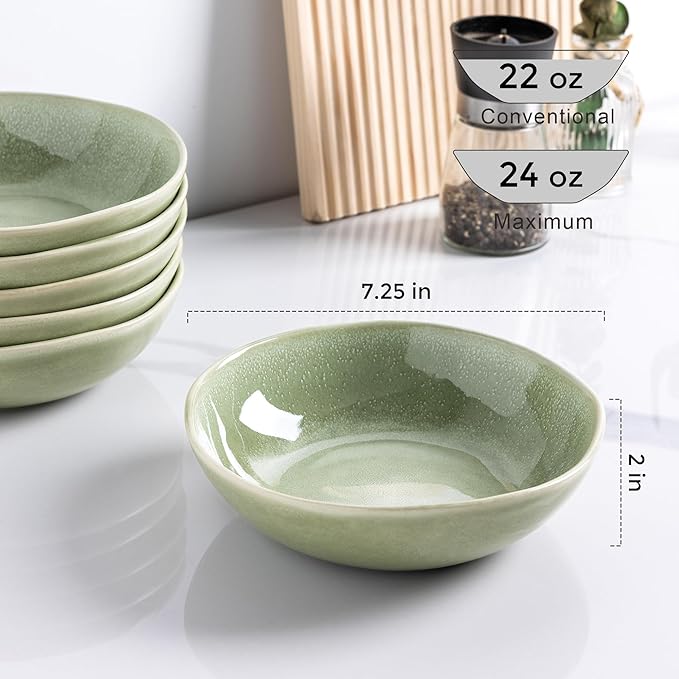 AmorArc Ceramic Cereal Bowls Set of 6, 24 oz Handmade Stoneware Bowls for Cereal Soup Salad Bread, Stylish Kitchen Bowls for Meal, Dishwasher & Microwave Safe-Olive Green
