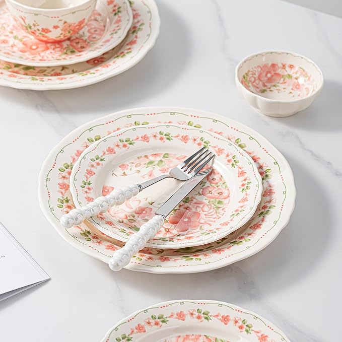24 Piece Dinnerware Sets for 6， Scratch Resistant,microwave oven and Dishwasher Safe Plates and Bowls Sets Ceramic, Dish Set, Bowl and Plate Set -Pink peach blossom pattern