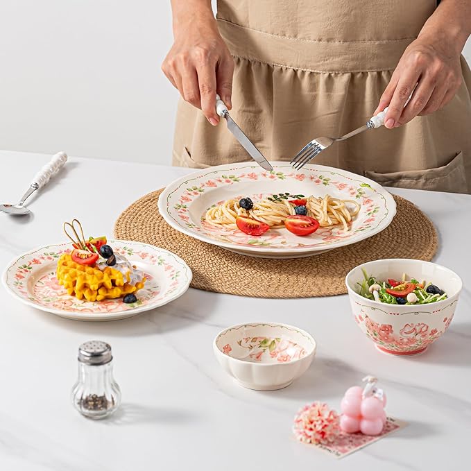 8 Piece Dinnerware Sets for 2， Scratch Resistant,microwave oven and Dishwasher Safe Plates and Bowls Sets Ceramic, Dish Set, Bowl and Plate Set -Pink peach blossom pattern