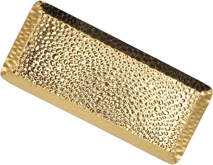 Hammered Trays, 25x11cm/9.8x4.3in Towel Hammered Trays Serving Tray Stainless Steel Multi Purpose Dishwasher Safe Dessert Tray Plate for Home Restaurant Silver (Gold)